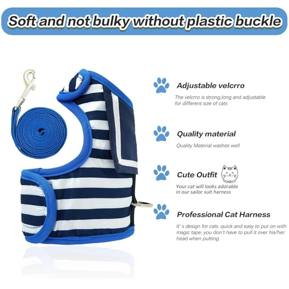 Cat Harness and Leash for Walking, Adjustable,Padded Sailor Suit Navy, Medium